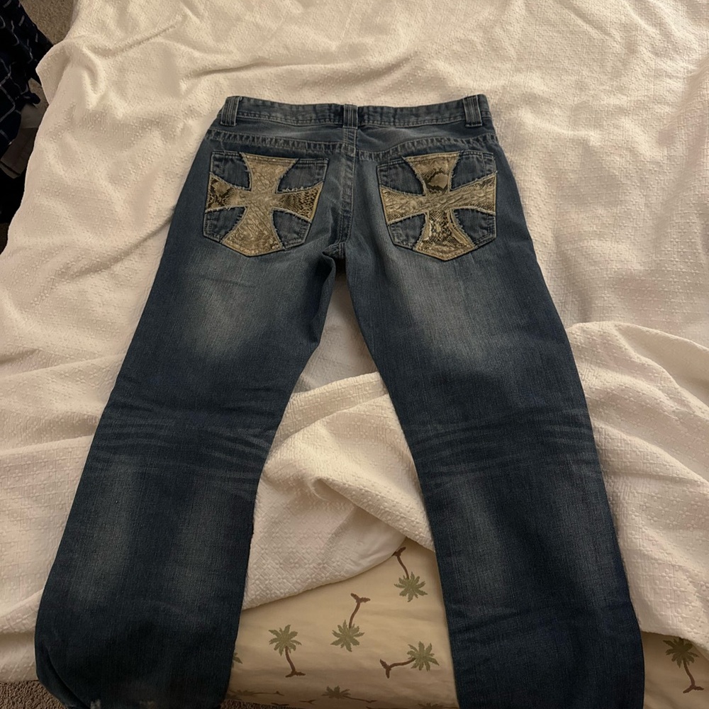 Decree Blue Relaxed Jeans with Gothic Cross Embroidery